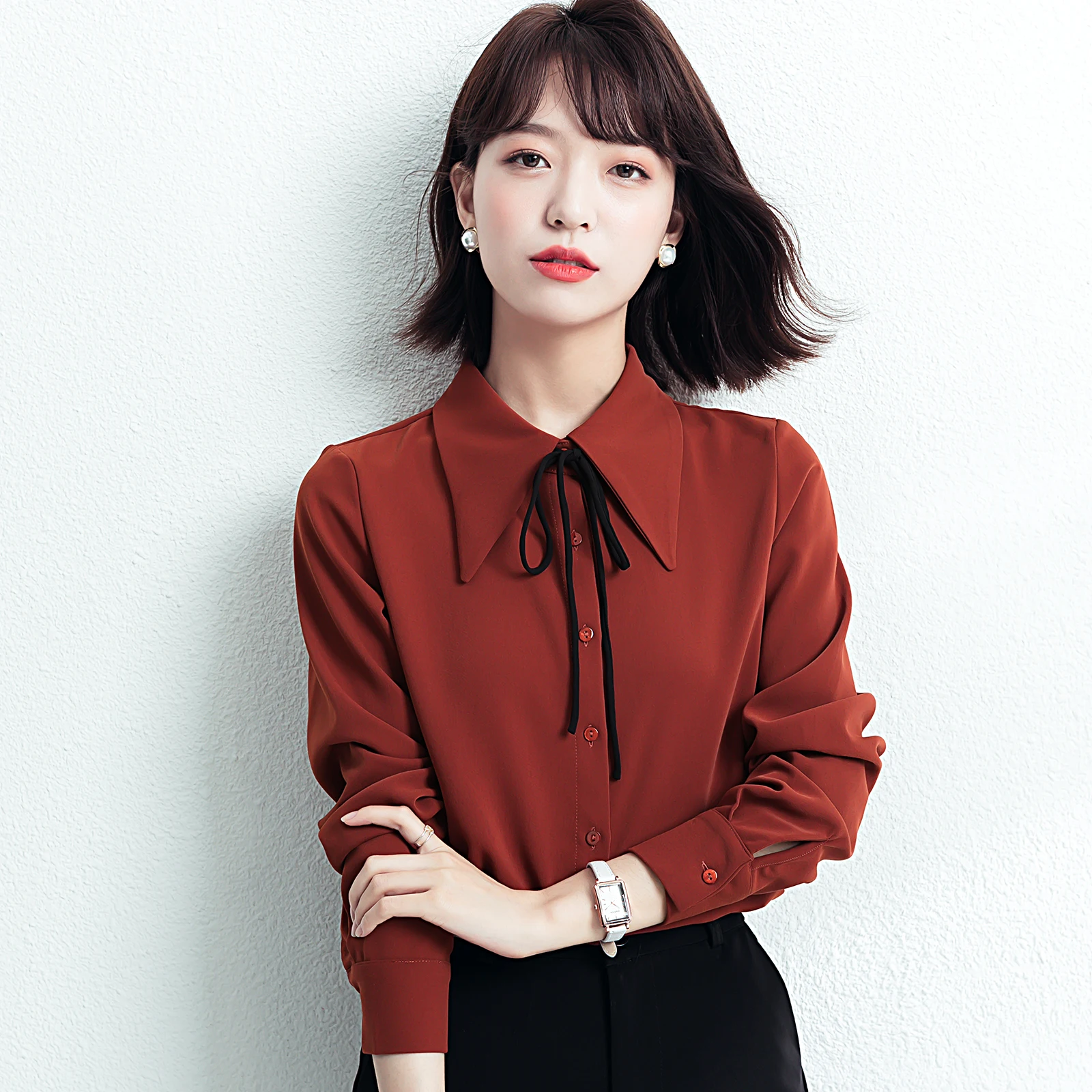 

Chikichi 2021 Spring and Autumn New Fashion Elegant Retro Bow Tie Chiffon All-match Long-sleeved Shirt Women