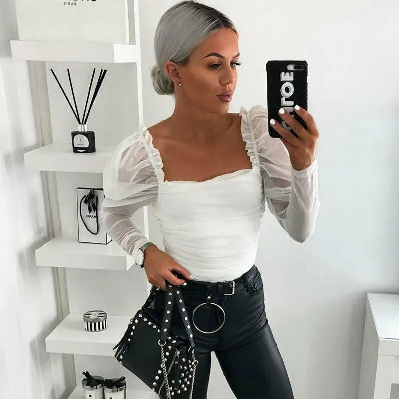 Женская сетчатая блузка Осенняя летняя одежда новый длинный рукав квадратный