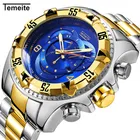 Высококачественные мужские кварцевые часы TEMEITE золотые синие часы из нержавеющей стали с большим циферблатом и календарем водонепроницаемые часы мужские часы