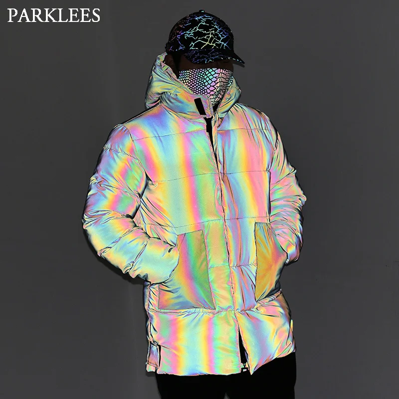 

2021 Mens Fashion Colorful Reflective Mid Hooded Jacket Thick Parkas Winter Windbreaker Fluorescent Streetwear Warm Jacket Coat