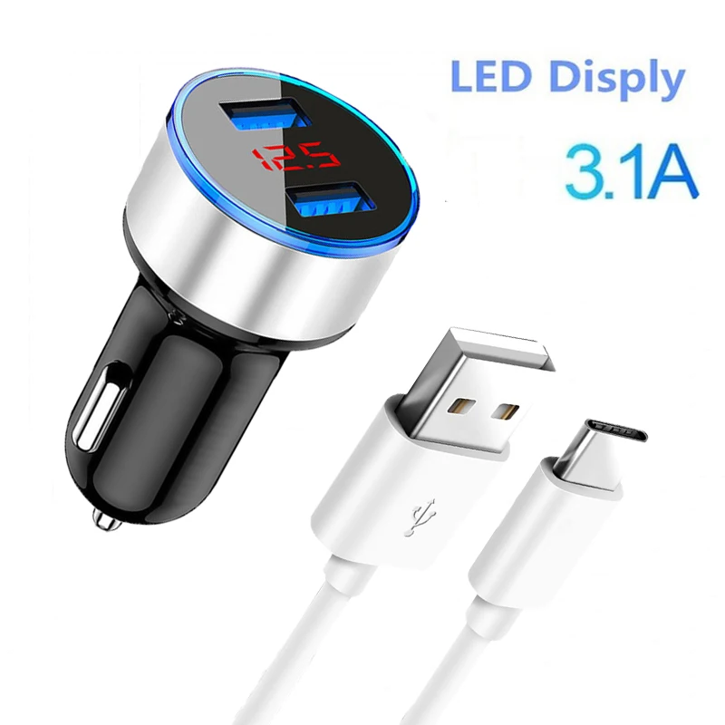 

3.1A Phone Adapter Car USB Charger For Samsung S21 S20 Ultra A21S A71 A51 Redmi 9 Note 8T 9 Pro USB Type C Cable LED Charger