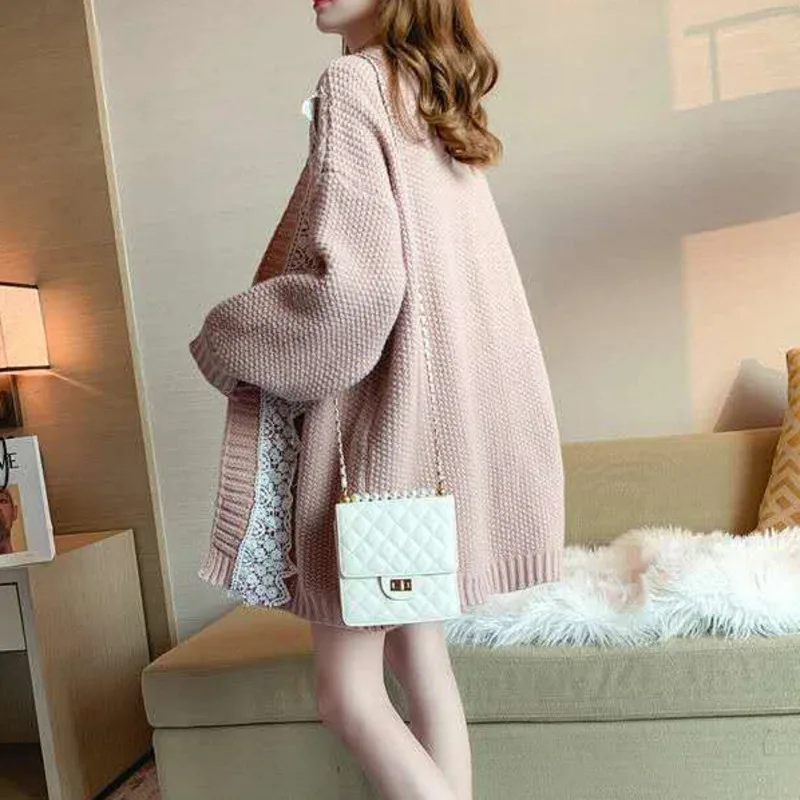 Женский трикотажный кардиган с кружевом повседневный Свободный длинным рукавом