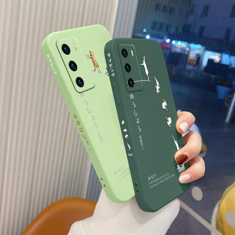 

Cat For Huawei P40 P30 P20 Pro Case Diving Cat Liquid Slicone Soft Cover Mate 40 30 20 P Smart 2021 Y7A Shockproof Phone Case