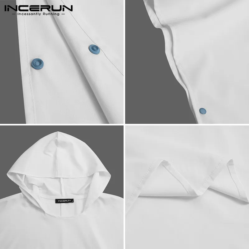 

INCERUN Men Robes Hooded Short Sleeve Quick Dry Solid Color Bathrobes Homewear Leisure Button Nightgown Mens Beach Robes S-5XL