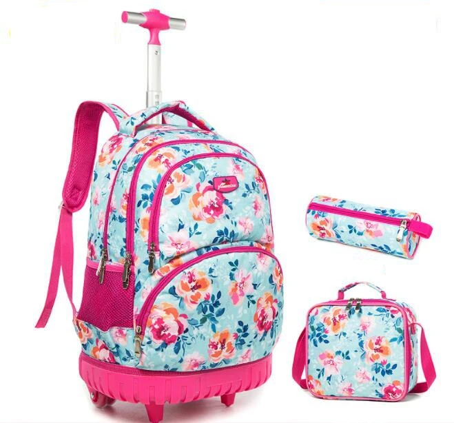 Школьная сумка на колесиках, набор, сумка для ланча для девочек, детский школьный рюкзак на колесиках