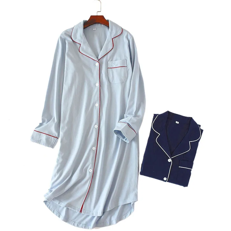 Хлопковая трикотажная ночная рубашка женская с длинным рукавом Весна-лето-осень