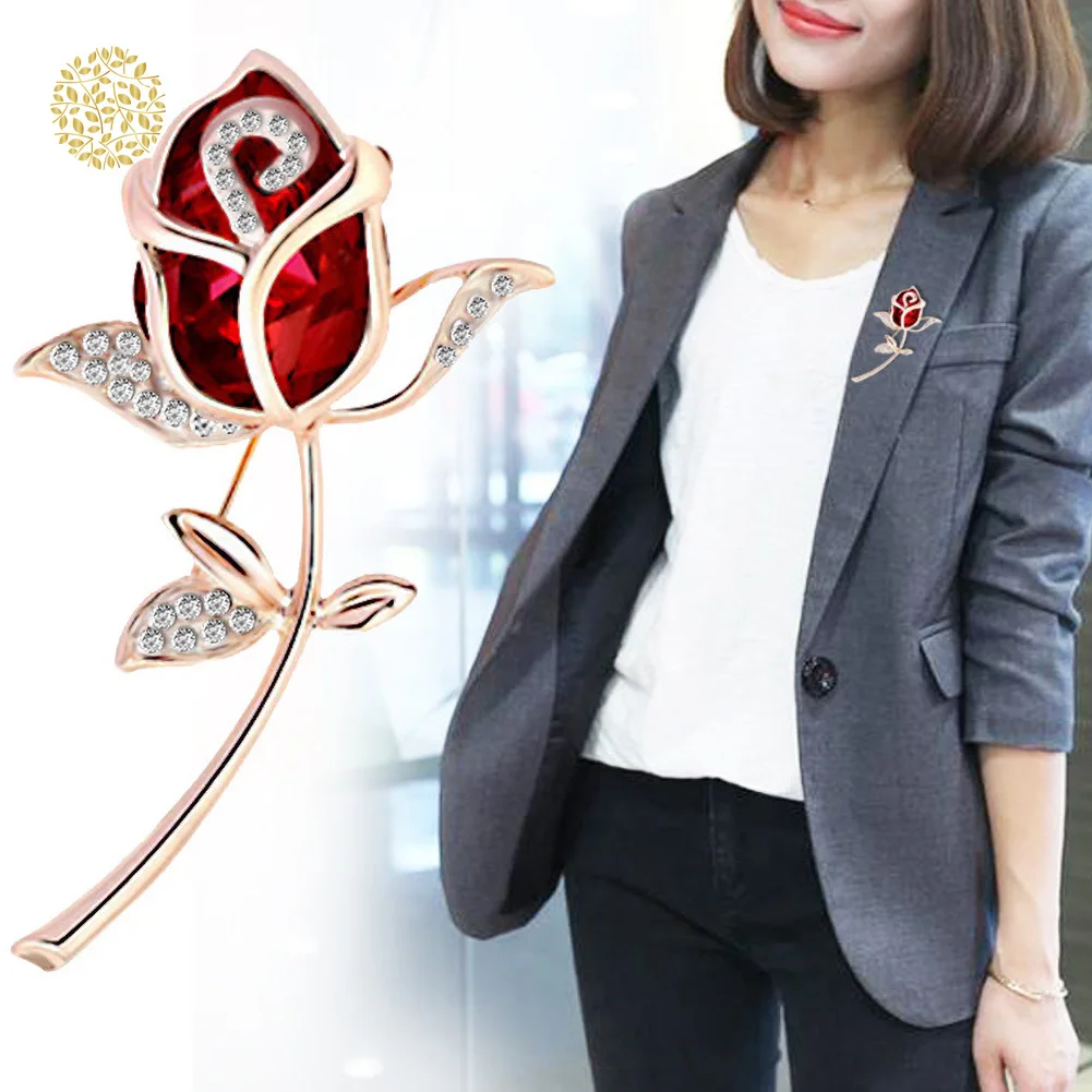 

Crystal Red Rose Pins Rhinestone Flower Brooch Women Clothing Accessories Cute Women Wedding Brooch DWH5