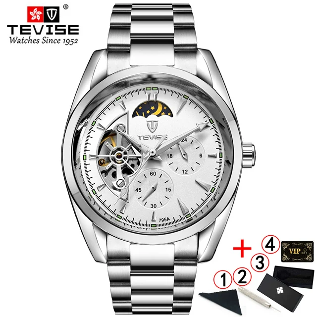 white silver box TEVISE автоматические часы Tourbillon механические часы мужские часы деловые наручные часы Мужские часы со скелетом montre homme - Цвет: white silver box