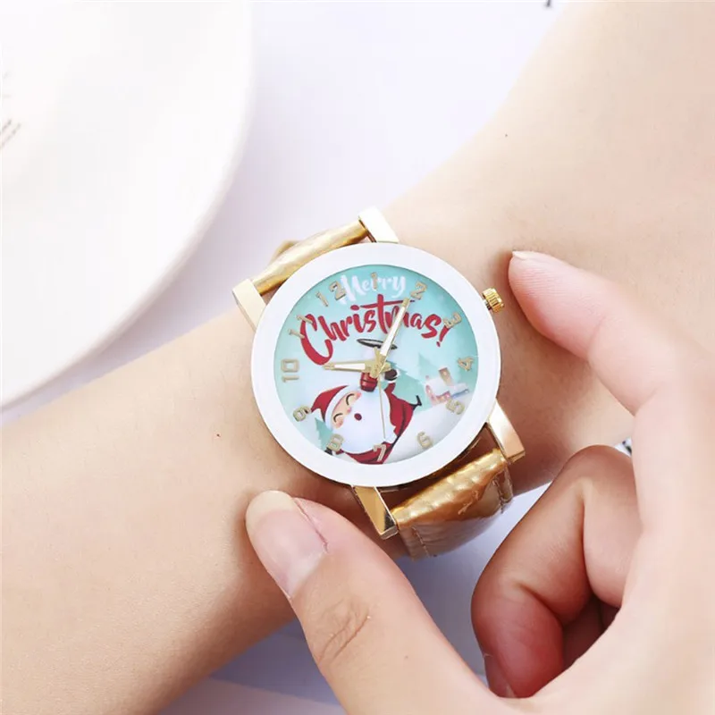 2020 модные часы для женщин женские стеклянные Санта-Клаус шаблон кожаный ремешок