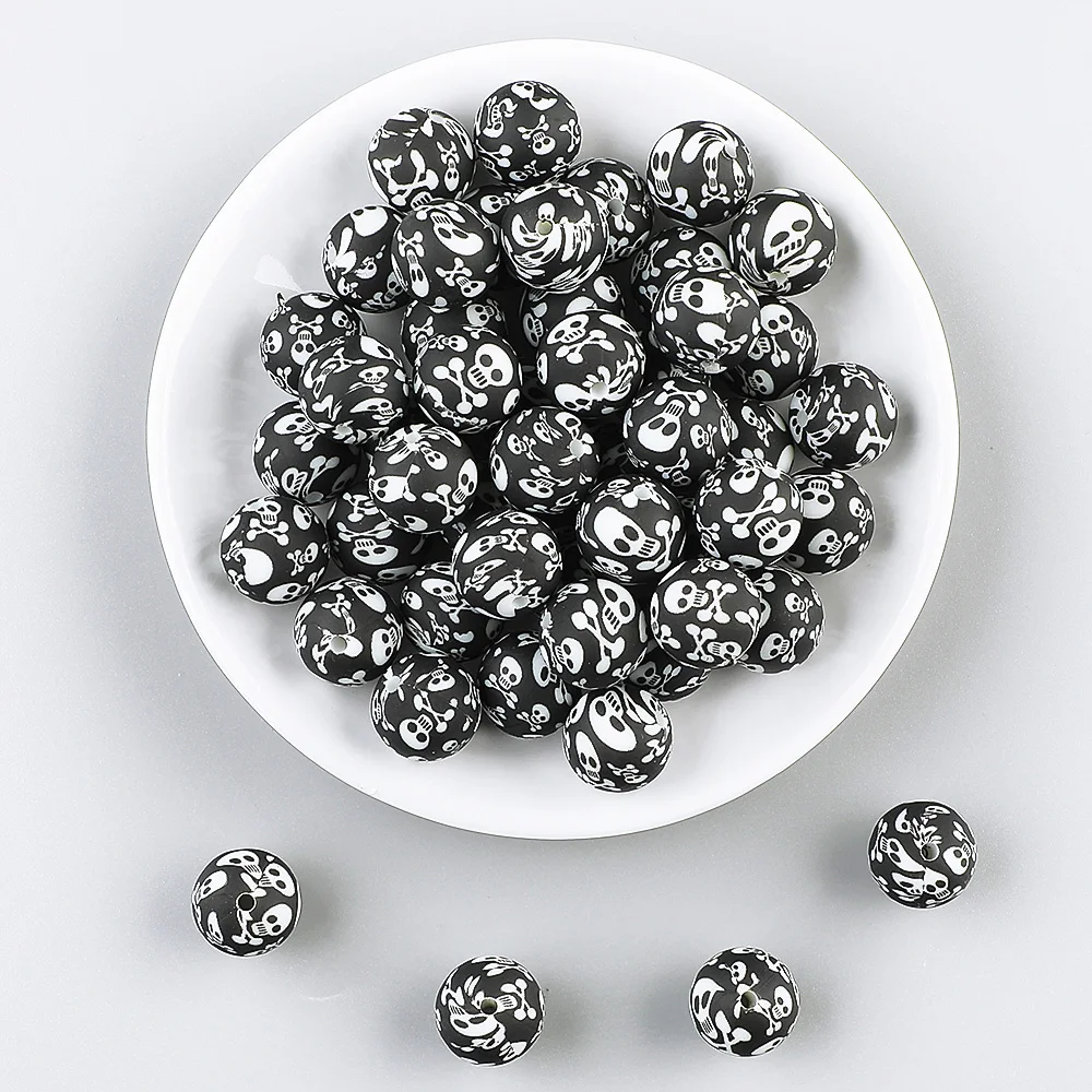 TYRY.HU-Cuentas de calavera de silicona para 20 piezas, cuentas redondas de 12/15mm, mordedor para beb&eacute;, pinzas para chupete DIY, collar de cuentas-1