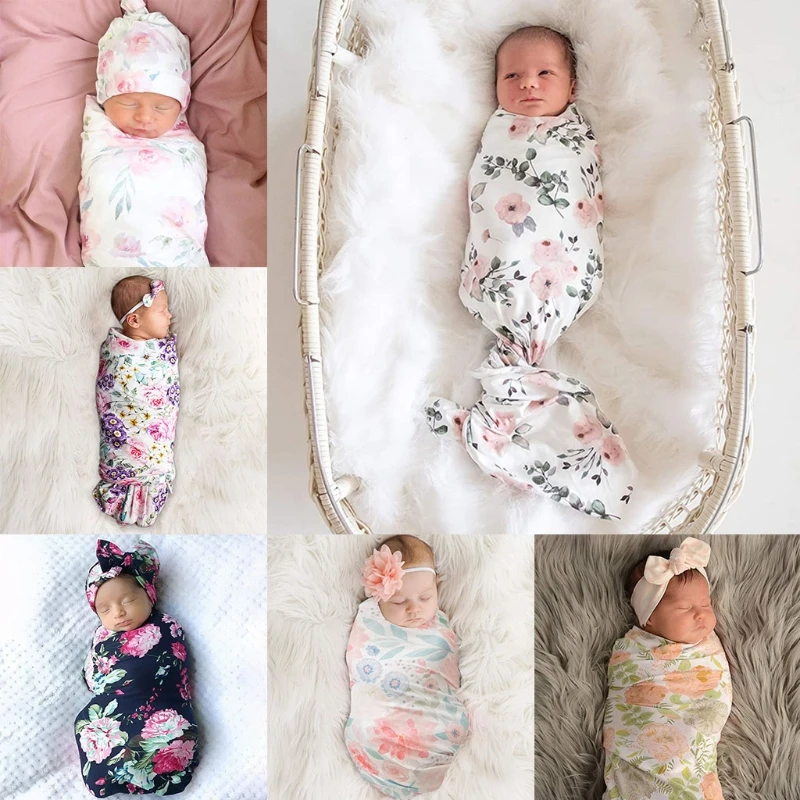 

Newborn Floral Swaddle Wrap+ Headband Set Baby Cotton Receiving Blanket Sleeping Bag Hair Band Infants Boys Girls Shower Gifts