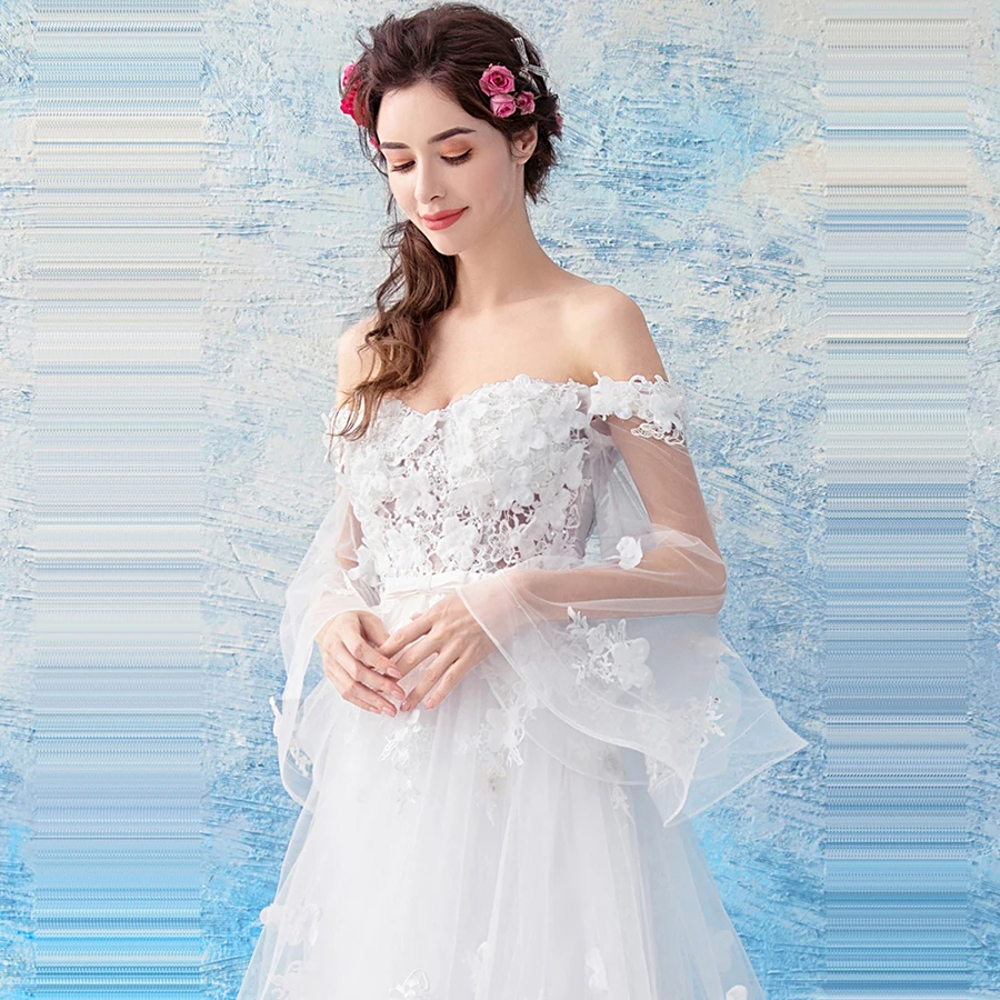 

Evening Dress 2019 New Appliques Beading Robe De Soiree Luxurious Long Formal Dresses Flare Sleeve Boat Neck Evening Gown E186