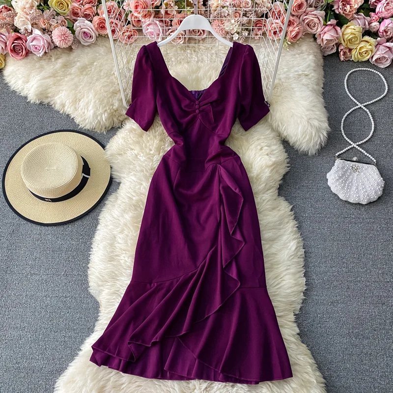 

Spring Autumn Women Purple Irregular Party Dress Elegant V-Neck Short Sleeve High Waist Vestidos Casual Ruffle Robe New Fashion