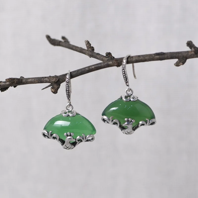 

FNJ Peacock Green Agate Earrings 925 Silver Original Pure S925 Sterling Silver Drop Earring for Women Jewelry