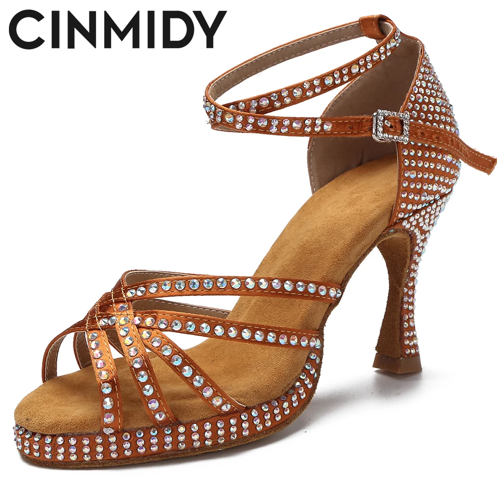 CINMIDY New Rhinestone Thick Soft Bottom High Heels Tango Latin Salsa Rumba Non-Slip Dance Shoes Women Sandals Zapatos Mujer