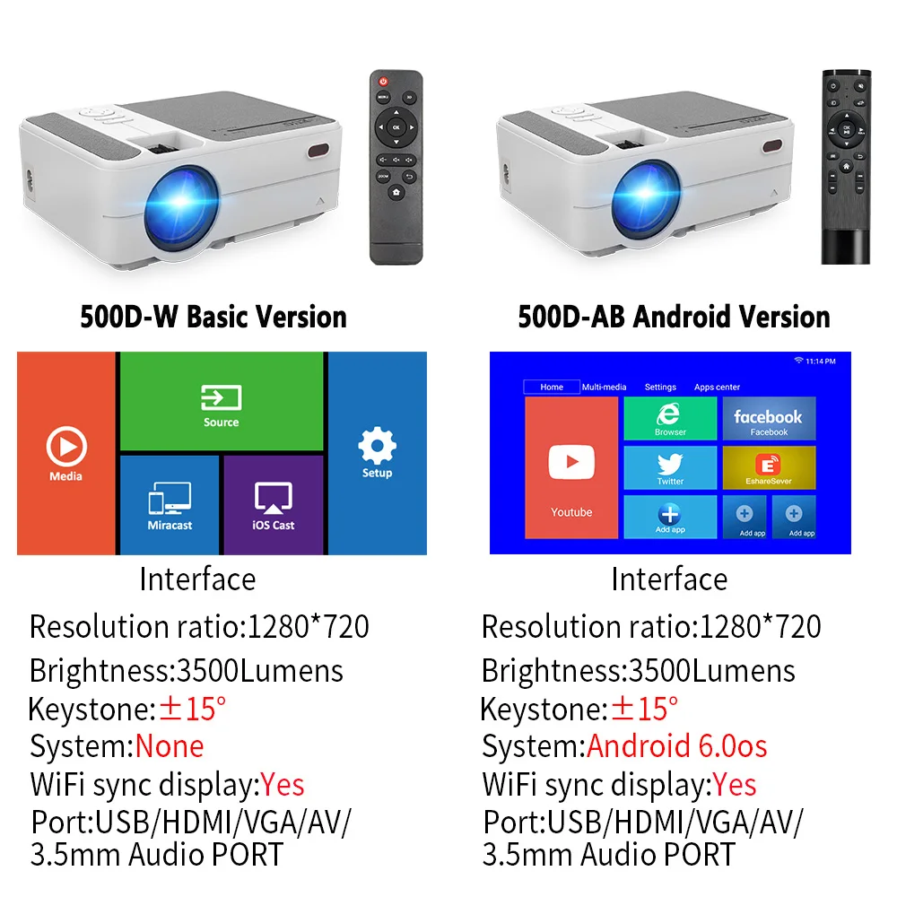 Портативный мини проектор 500D + AB Full HD Wi Fi Bluetooth Android домашний кинотеатр для