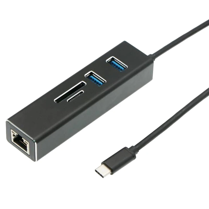 

USB C-хаб 5 в 1, многофункциональный адаптер Type-C на USB 3,0 x2 + порт Ethernet RJ45 Gigabit + кардридер TF/SD, док-станция USB3.0