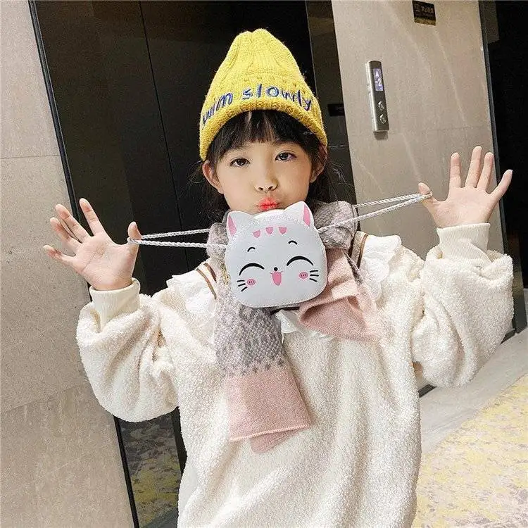 Lovely Children's Mini Crossbody Bags Cute Cartoon Cat Coin Purse for Kids Wallet Handbags PU Leather Girls' Mini Shoulder Bag