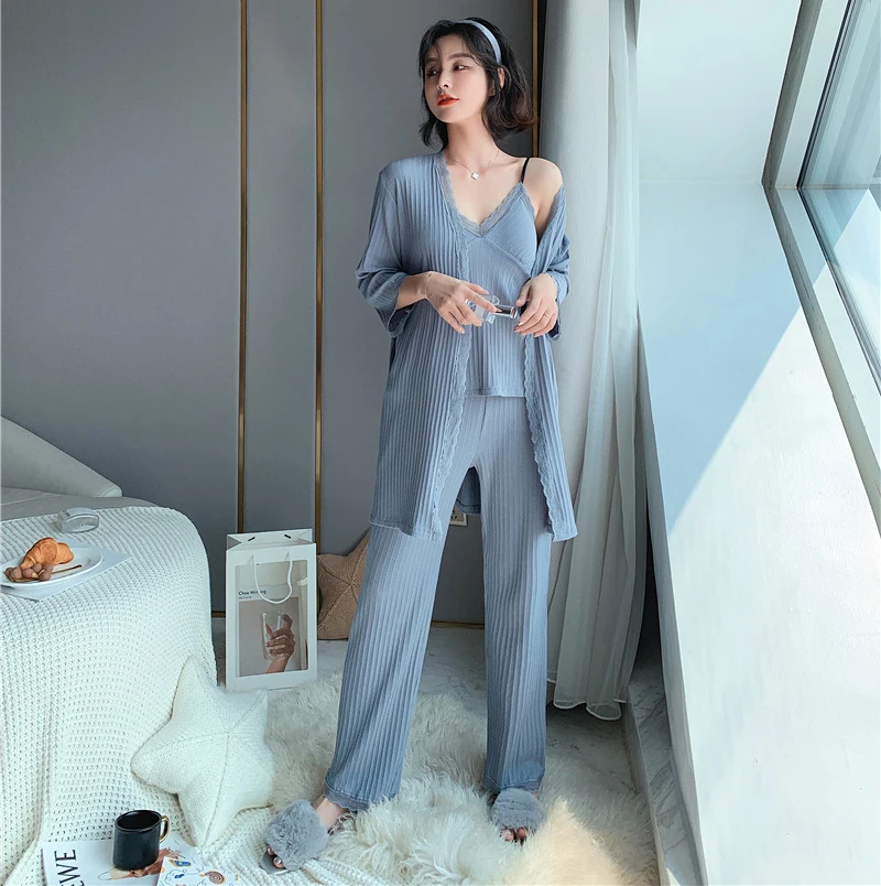 Сексуальный женский халат пижама 3 шт. ремень топ брюки костюм одежда для сна