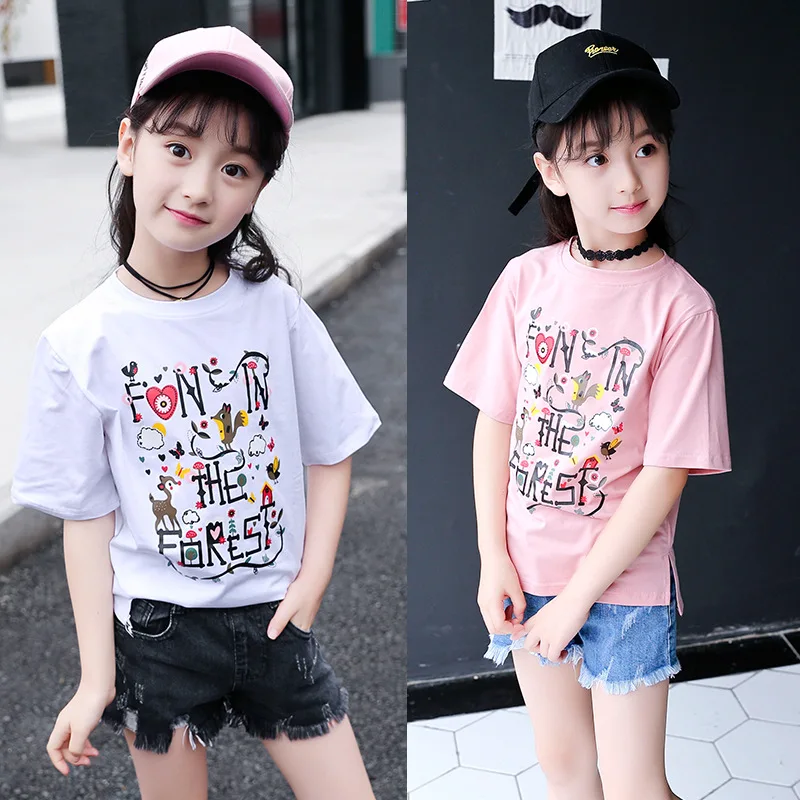 Футболка с цветочным рисунком и короткими рукавами для девочек летние рубашки