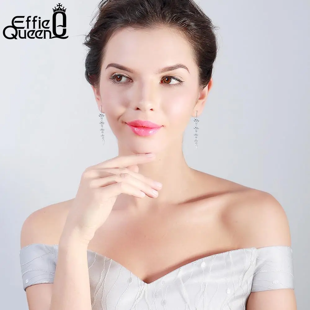 

Effie Queen Pure 925 Sterling Silver Earrings Women Long Dangle AAA CZ Trendy New Jewelry Christmas Gifts For Girls KSE52