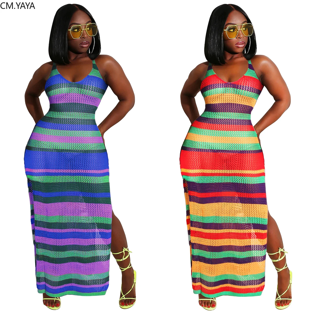 Женское летнее длинное платье-макси сексуальное Полосатое пляжное богемное