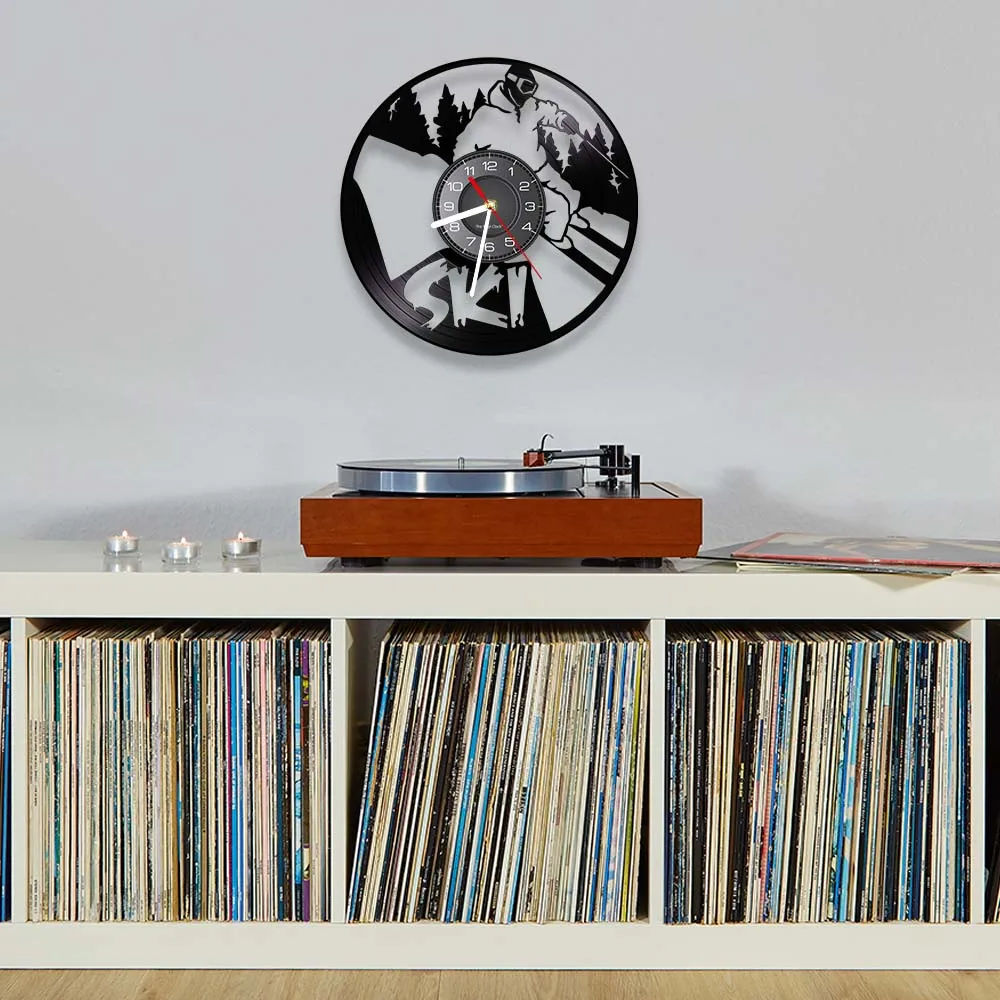 

Go Skiing Re-purposed Record Clock Snowboarding Skiing Skating Snow Mountain Winter Outdoorsy Vinyl LP Wall Watch Gift For Skier