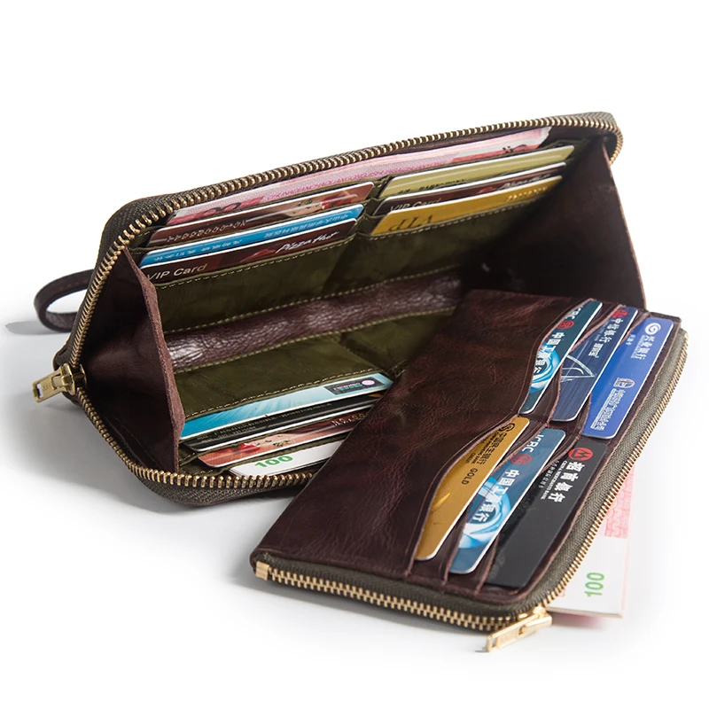 High Quality Vintage Real Cowhide Men Wallet Cash Purse Zipper Modern Stylish Male Long Day Clutches Wristlets Wallet Card Case