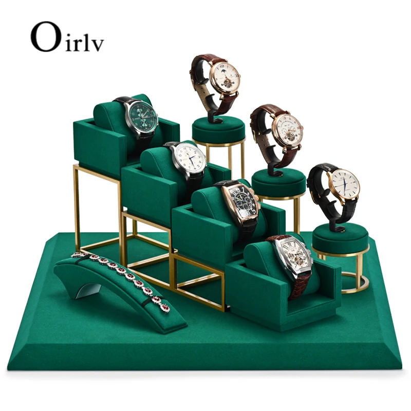 

Oirlv Newly Green Metal Watch Display Props Set Watch Display Stands with Microfiber Jewelry Organizer Stands for Shop Cabinet