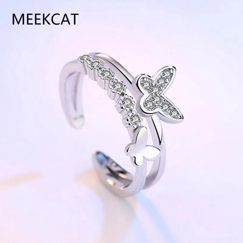 

Real Pure 925 Sterling Silver Jewelry Zircon Butterfly Rings for Women Wedding Finger Open Double Layer Ring Anillos Anelli
