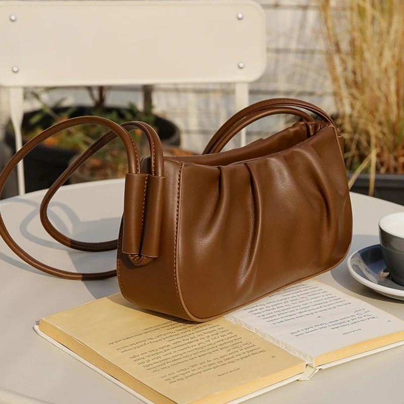 

French Soft Leather Women's Bag 2021 New Fashion Solid Color Pleated All-match One Shoulder Underarm Pack E075