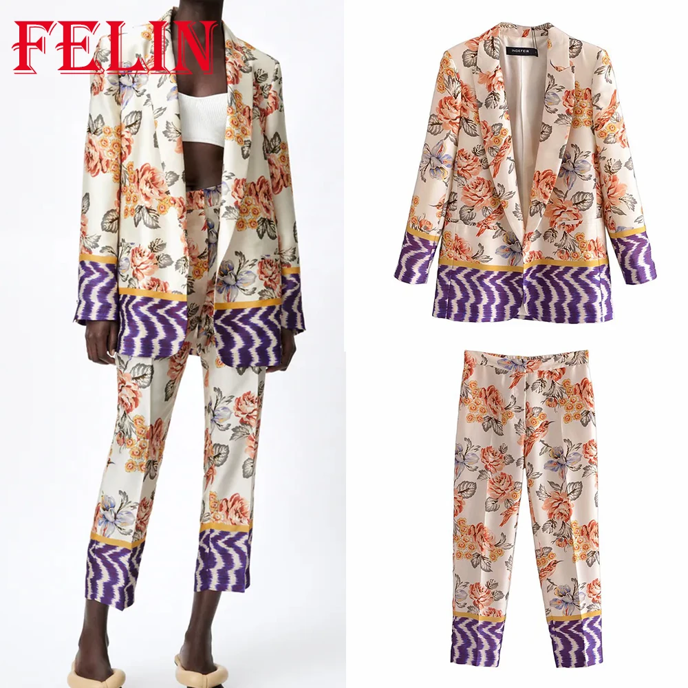 

Для ЖЕНЩИН ШИК Цветочный принт костюм с пиджаком костюм Za 2021 V образным вырезом больше обычного размера, длинный Бохо пиджак и Высокая талия ...