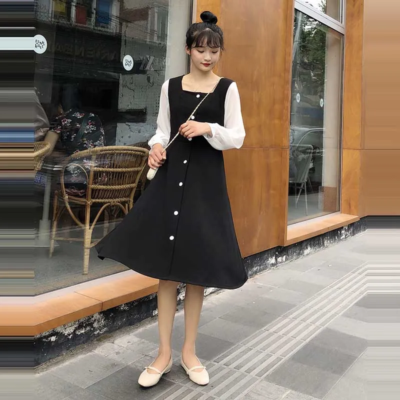 

French Vintage Ladies Splicing Dress Elegant Korean Slim One-Piece Single Breasted Dress 2021 Spring Autumn Women Fashion Dress