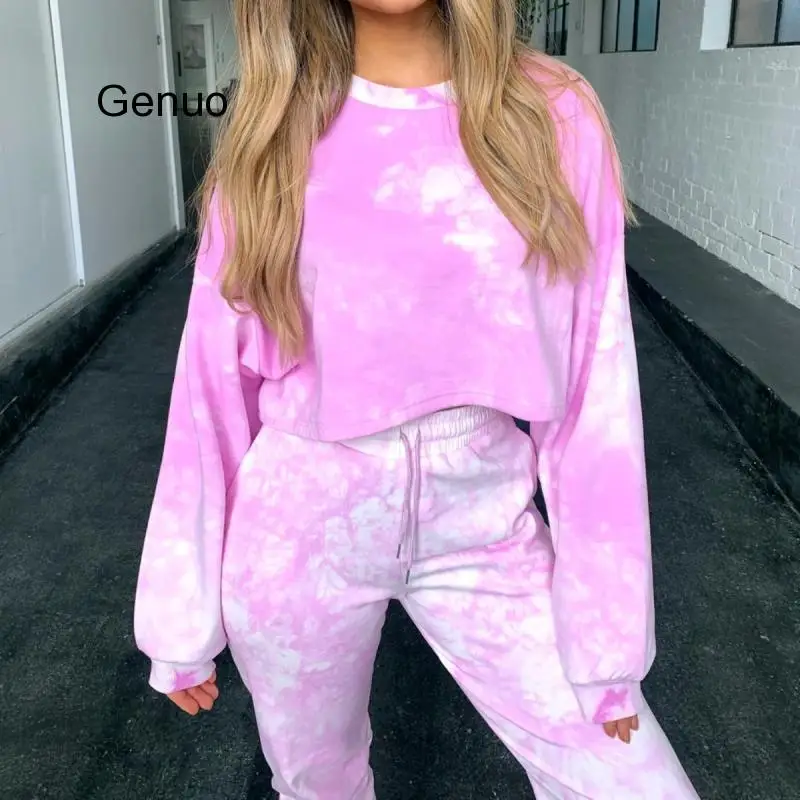 Модный тренировочный костюм короткий с капюшоном галстуком краской комплект из