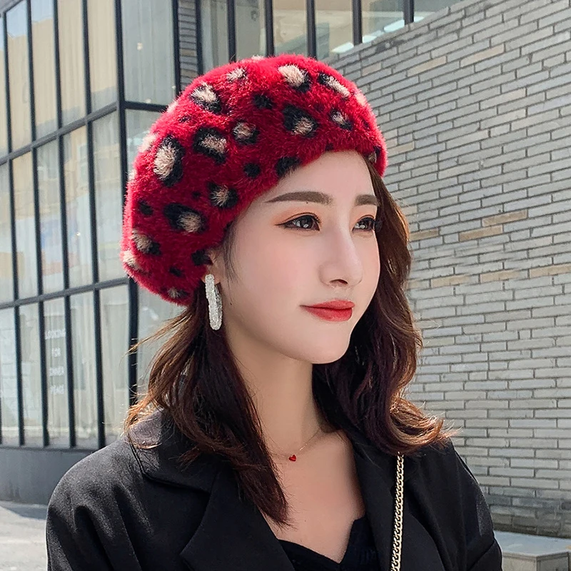 Зимние женские береты с леопардовым принтом из искусственного меха норки