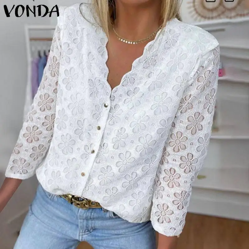 

Autumn Blouse VONDA Casual 3/4 Sleeve Button Up Blusas Femininas Lace V Neck Tops Vintage Pleated Holiday OL Office Shirts