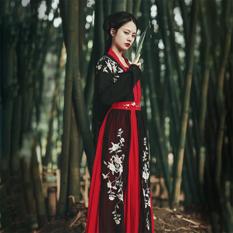 Традиционный китайский костюм красного и черного искусства ханьфу Женская юбка