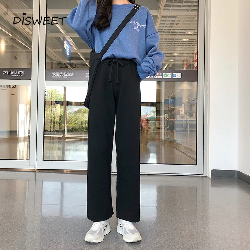 

Thicken High Waist Trousers Woman Simple Solid Lace-up Elastic Waist Wide-leg Pants Women Casual Loose Warm Women's Trousers