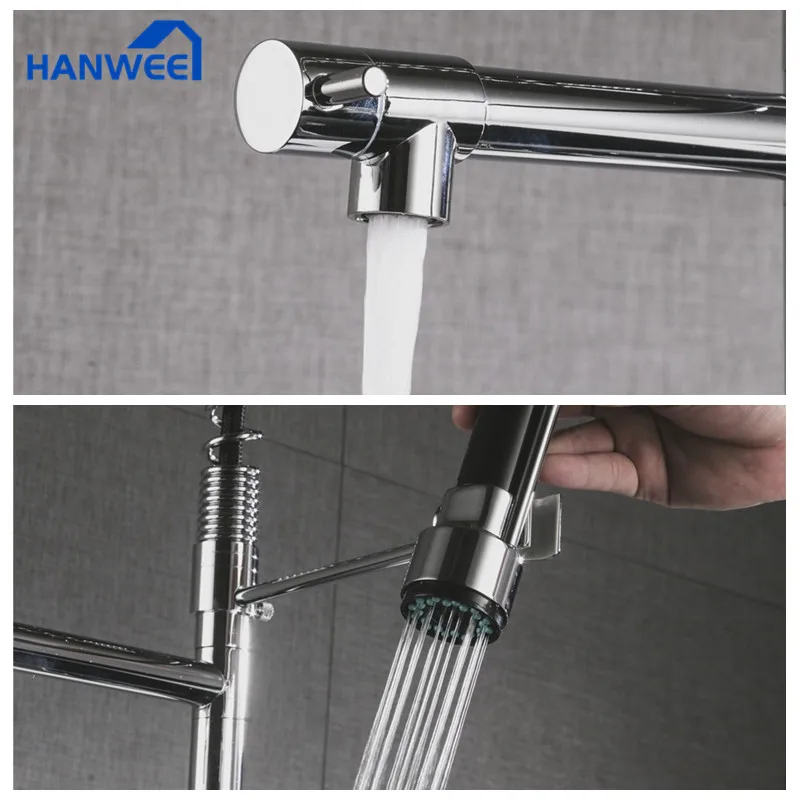 Хромированный кухонный смеситель на пружине выдвижной с двумя выходами