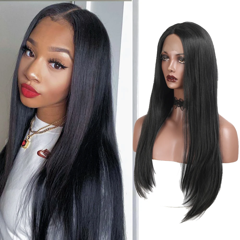 DaiQi Lace Front Wig Silky Straight 13*4x1 Synthetic For Black Women Wig T Part Natural Gray Heat Resistant Fiber Cosplay Party