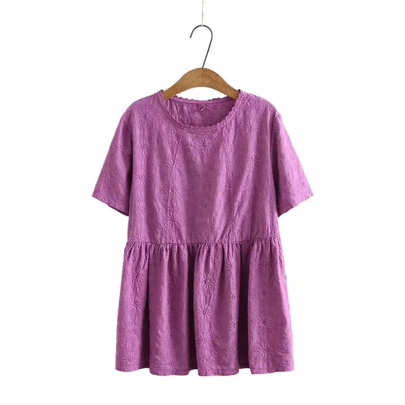 

Summer Women Purple Navy Blue White Embroidery Cotton Peplum Blouses Round Neck Short Sleeve Cozy Top Casual Daily Cothtes XXXXL