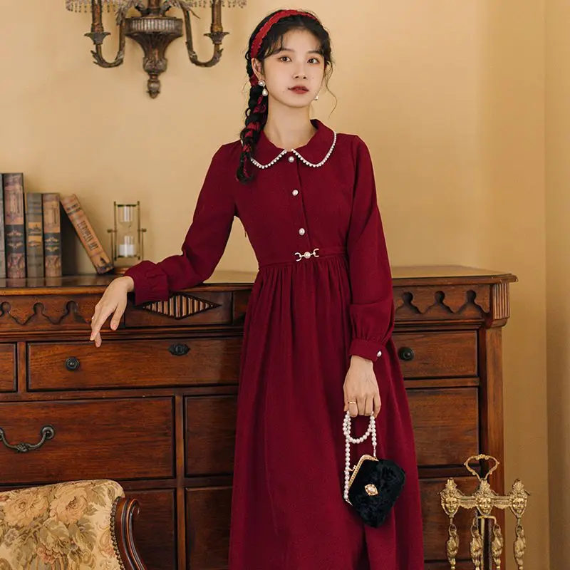 

Женское осеннее платье COIGARSAM Весна 2021 офисные женские винтажные платья во французском стиле с длинным рукавом однотонные красные платья на ...