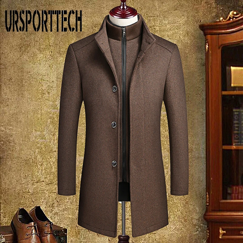 Длинное шерстяное мужское пальто зимнее теплое Полушерстяное мужские толстые