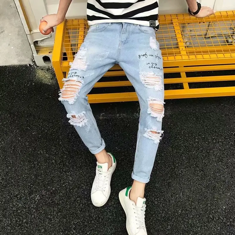 Brand Jeans Men New Men's Slim Elastic Hole Jeans Fashion Business Classic Style Stretch Ripped Jeans Streetwear Pants Trousers