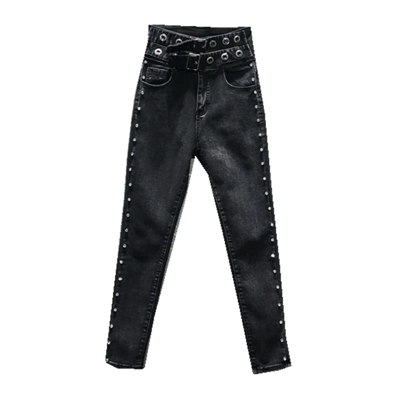 

Rhinestone Beaded Black Grey Jeans Women 2020 New Spring High Waist Stretch Slim-Fit Jeans Trousers Students Pencil Pants