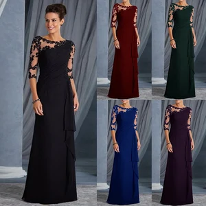 2020 Black Mother Of The Bride Dresses With 3/4 Sleeves Appliques Chiffon Mother Evening Dresses For