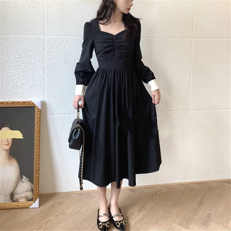 Женское винтажное платье средней длины элегантное однотонное черное вечерние во