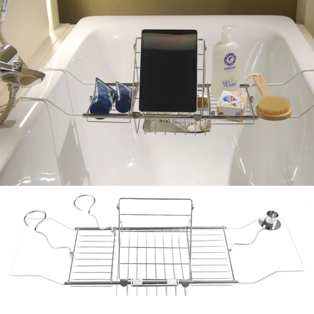 

Stainless Bathtub Tray Over the Tub Racks Retractable Shower Organizer with Extending Sides for Holding and Towels