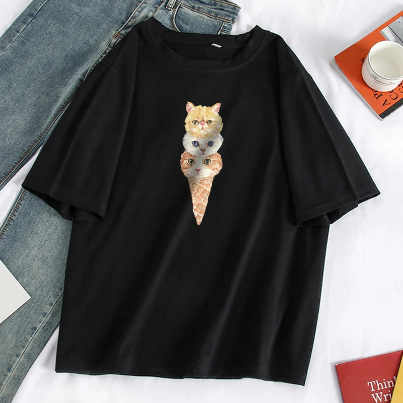 

Футболка женская с коротким рукавом и круглым вырезом, уличная тенниска в стиле Харадзюку, повседневная майка с рисунком кота и мороженого, ...