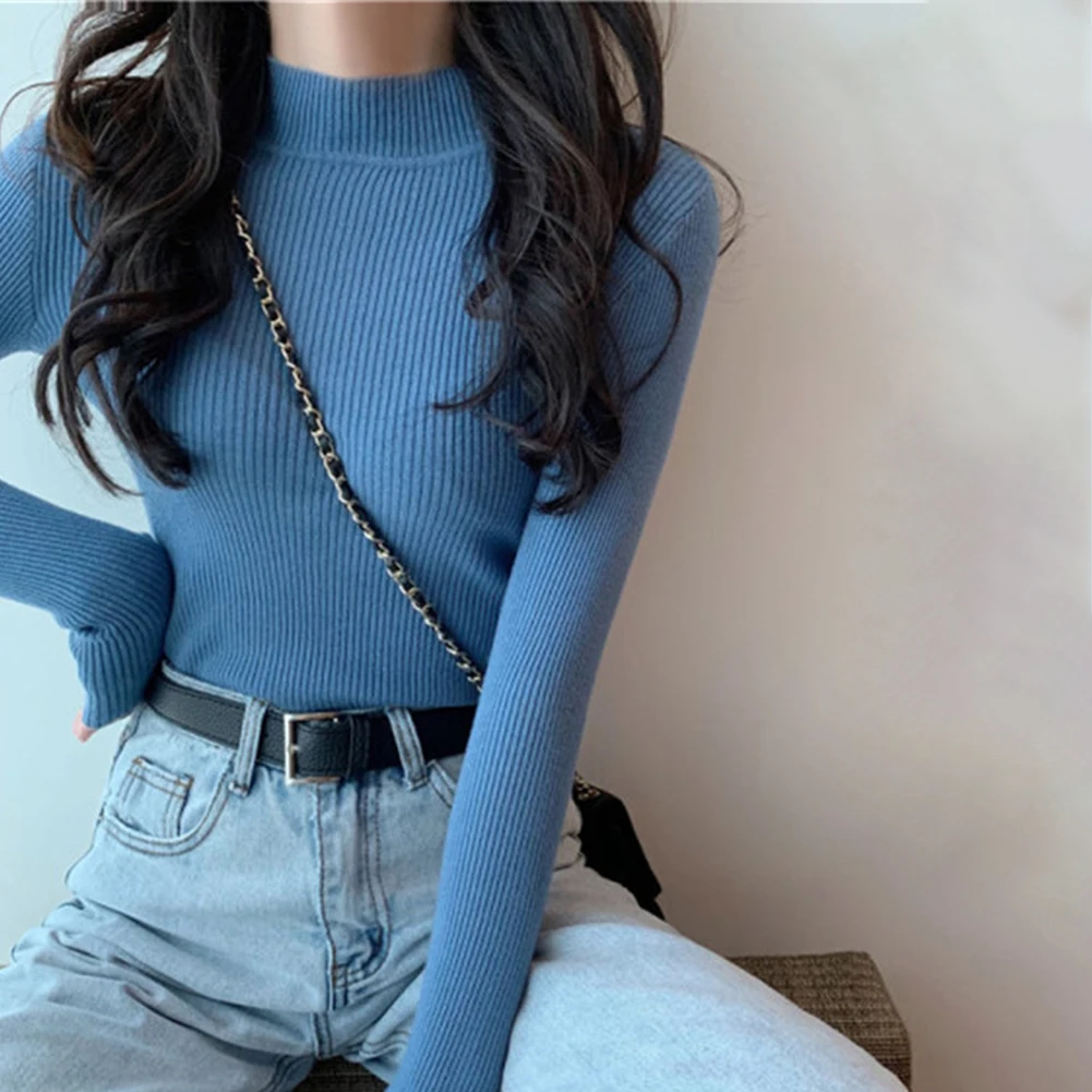 

Fashion Women Clothing Casual Slim Solid Color Knitwear Long Sleeve Mock Neck Ribbed Slim Sweater Blouse